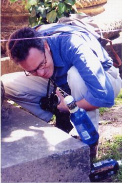 Curious man looks at balanced bottle